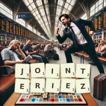 Illustration créative d'un jeu de lettres avec le mot JOINTERIEZ épelé sur le plateau.