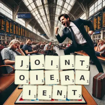 Illustration créative d'un jeu de lettres avec le mot JOINTOIERAIENT épelé sur le plateau.