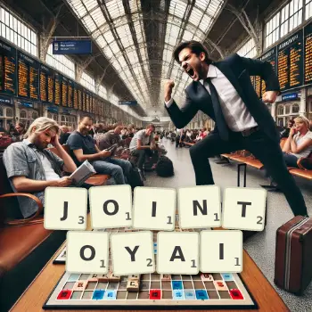 Illustration créative d'un jeu de lettres avec le mot JOINTOYAI épelé sur le plateau.