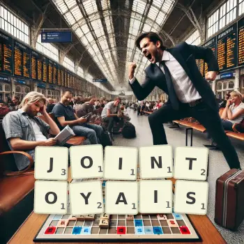Illustration créative d'un jeu de lettres avec le mot JOINTOYAIS épelé sur le plateau.
