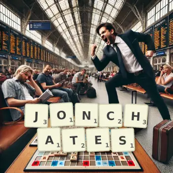 Illustration créative d'un jeu de lettres avec le mot JONCHATES épelé sur le plateau.