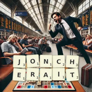 Illustration créative d'un jeu de lettres avec le mot JONCHERAIT épelé sur le plateau.