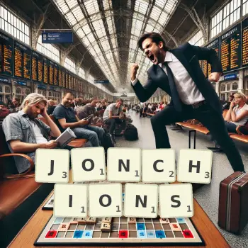 Illustration créative d'un jeu de lettres avec le mot JONCHIONS épelé sur le plateau.