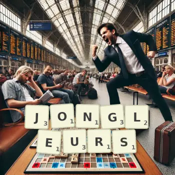 Illustration créative d'un jeu de lettres avec le mot JONGLEURS épelé sur le plateau.