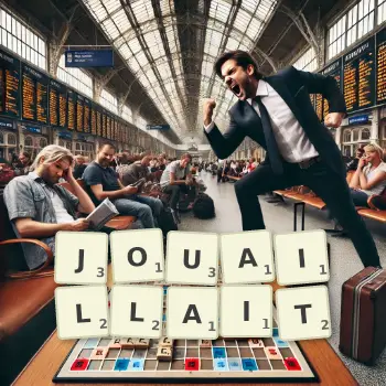 Illustration créative d'un jeu de lettres avec le mot JOUAILLAIT épelé sur le plateau.