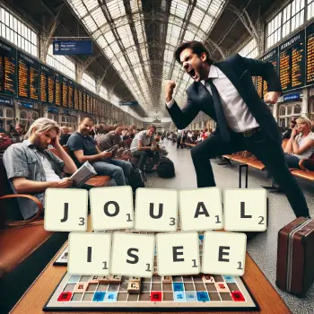 Illustration créative d'un jeu de lettres avec le mot JOUALISEE épelé sur le plateau.