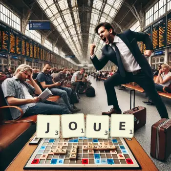Illustration créative d'un jeu de lettres avec le mot JOUE épelé sur le plateau.
