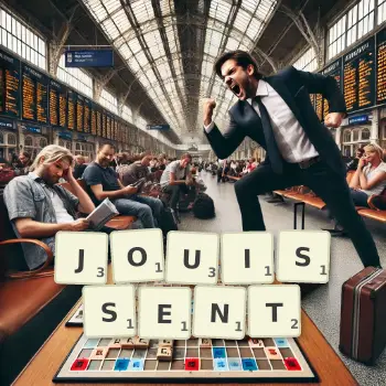 Illustration créative d'un jeu de lettres avec le mot JOUISSENT épelé sur le plateau.