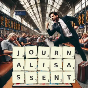 Illustration créative d'un jeu de lettres avec le mot JOURNALISASSENT épelé sur le plateau.