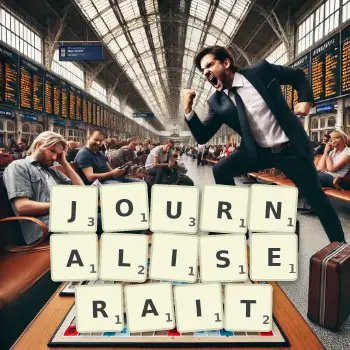 Illustration créative d'un jeu de lettres avec le mot JOURNALISERAIT épelé sur le plateau.