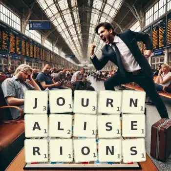 Illustration créative d'un jeu de lettres avec le mot JOURNALISERIONS épelé sur le plateau.