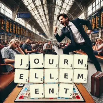 Illustration créative d'un jeu de lettres avec le mot JOURNELLEMENT épelé sur le plateau.