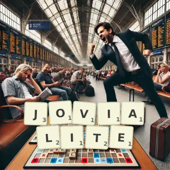 Illustration créative d'un jeu de lettres avec le mot JOVIALITE épelé sur le plateau.