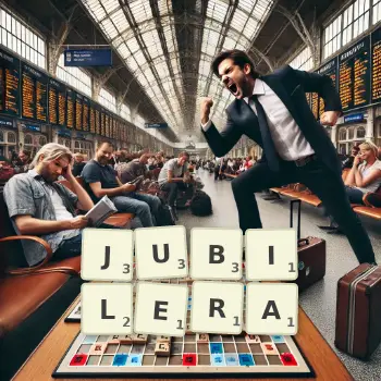 Illustration créative d'un jeu de lettres avec le mot JUBILERA épelé sur le plateau.