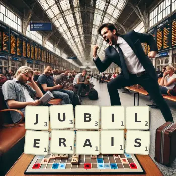 Illustration créative d'un jeu de lettres avec le mot JUBILERAIS épelé sur le plateau.