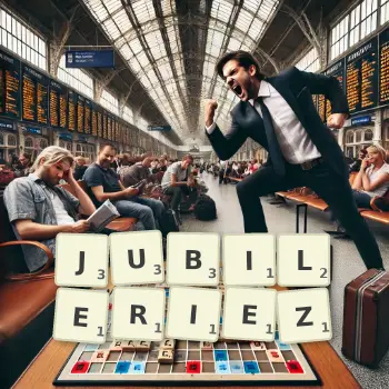 Illustration créative d'un jeu de lettres avec le mot JUBILERIEZ épelé sur le plateau.