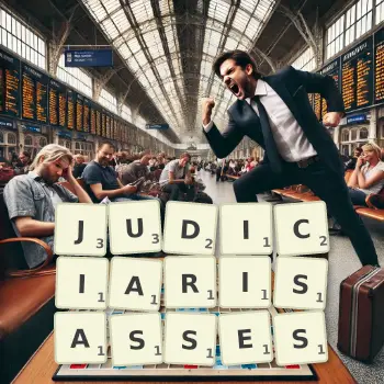 Illustration créative d'un jeu de lettres avec le mot JUDICIARISASSES épelé sur le plateau.