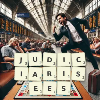 Illustration créative d'un jeu de lettres avec le mot JUDICIARISEES épelé sur le plateau.
