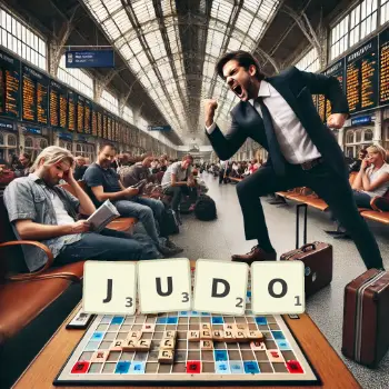Illustration créative d'un jeu de lettres avec le mot JUDO épelé sur le plateau.