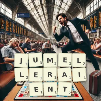 Illustration créative d'un jeu de lettres avec le mot JUMELLERAIENT épelé sur le plateau.