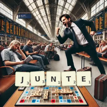 Illustration créative d'un jeu de lettres avec le mot JUNTE épelé sur le plateau.