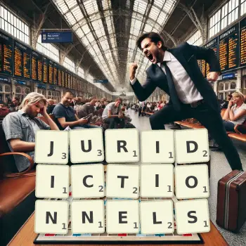 Illustration créative d'un jeu de lettres avec le mot JURIDICTIONNELS épelé sur le plateau.
