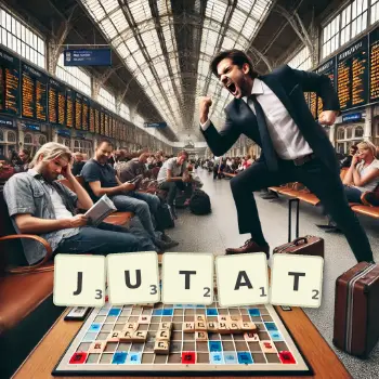 Illustration créative d'un jeu de lettres avec le mot JUTAT épelé sur le plateau.