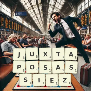 Illustration créative d'un jeu de lettres avec le mot JUXTAPOSASSIEZ épelé sur le plateau.