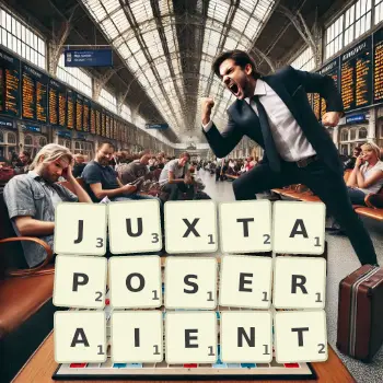 Illustration créative d'un jeu de lettres avec le mot JUXTAPOSERAIENT épelé sur le plateau.