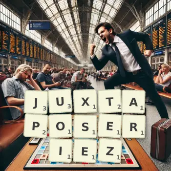 Illustration créative d'un jeu de lettres avec le mot JUXTAPOSERIEZ épelé sur le plateau.