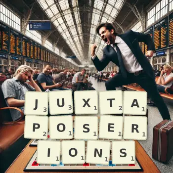 Illustration créative d'un jeu de lettres avec le mot JUXTAPOSERIONS épelé sur le plateau.