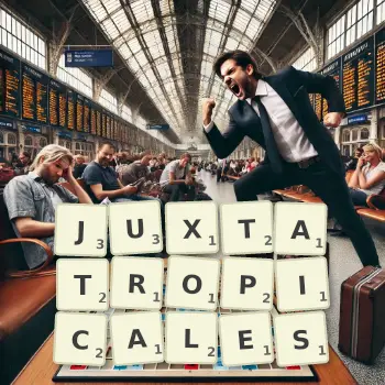 Illustration créative d'un jeu de lettres avec le mot JUXTATROPICALES épelé sur le plateau.