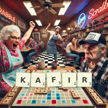Illustration créative d'un jeu de lettres avec le mot KAFIR épelé sur le plateau.