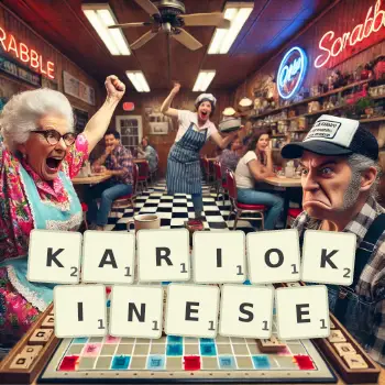 Illustration créative d'un jeu de lettres avec le mot KARIOKINESE épelé sur le plateau.