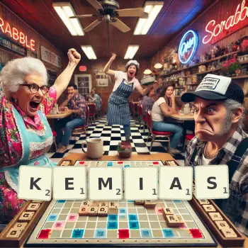 Illustration créative d'un jeu de lettres avec le mot KEMIAS épelé sur le plateau.