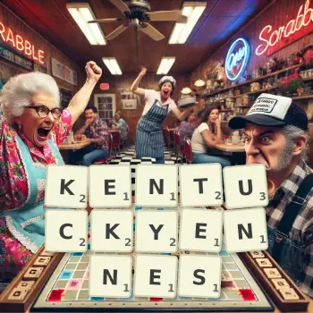 Illustration créative d'un jeu de lettres avec le mot KENTUCKYENNES épelé sur le plateau.