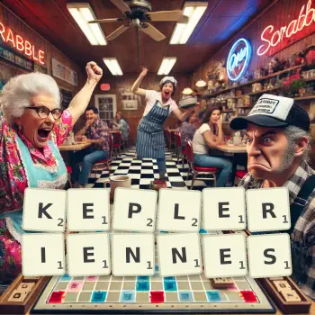 Illustration créative d'un jeu de lettres avec le mot KEPLERIENNES épelé sur le plateau.