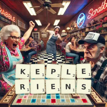 Illustration créative d'un jeu de lettres avec le mot KEPLERIENS épelé sur le plateau.