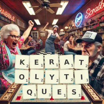 Illustration créative d'un jeu de lettres avec le mot KERATOLYTIQUES épelé sur le plateau.