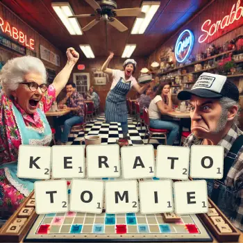 Illustration créative d'un jeu de lettres avec le mot KERATOTOMIE épelé sur le plateau.