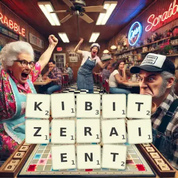 Illustration créative d'un jeu de lettres avec le mot KIBITZERAIENT épelé sur le plateau.