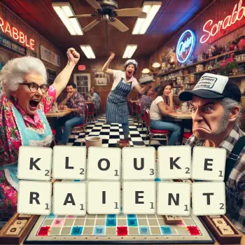 Illustration créative d'un jeu de lettres avec le mot KLOUKERAIENT épelé sur le plateau.