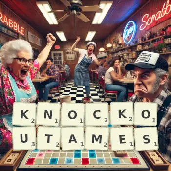 Illustration créative d'un jeu de lettres avec le mot KNOCKOUTAMES épelé sur le plateau.