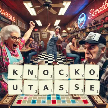 Illustration créative d'un jeu de lettres avec le mot KNOCKOUTASSE épelé sur le plateau.