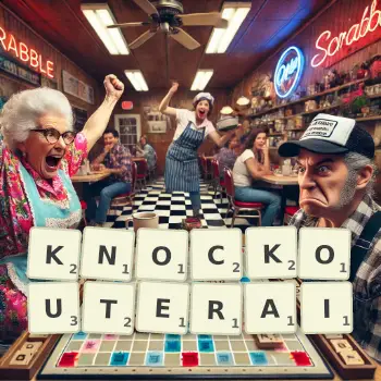 Illustration créative d'un jeu de lettres avec le mot KNOCKOUTERAI épelé sur le plateau.