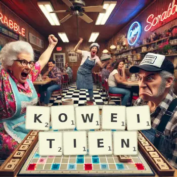 Illustration créative d'un jeu de lettres avec le mot KOWEITIEN épelé sur le plateau.