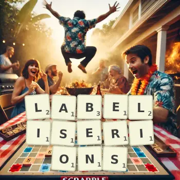 Illustration créative d'un jeu de lettres avec le mot LABELISERIONS épelé sur le plateau.