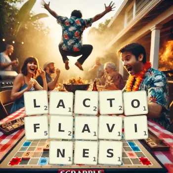 Illustration créative d'un jeu de lettres avec le mot LACTOFLAVINES épelé sur le plateau.