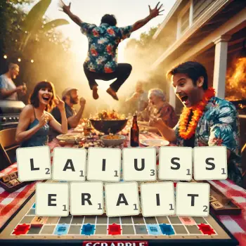 Illustration créative d'un jeu de lettres avec le mot LAIUSSERAIT épelé sur le plateau.
