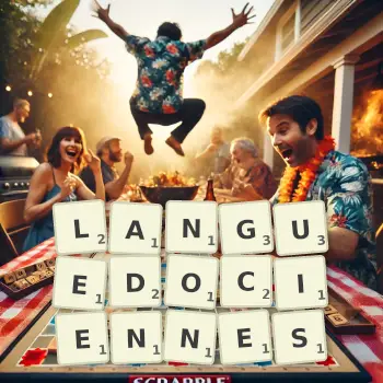 Illustration créative d'un jeu de lettres avec le mot LANGUEDOCIENNES épelé sur le plateau.